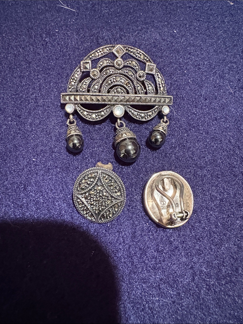 Vintage-Inspired Silver Marcasite Brooch with Black Bead Dangles